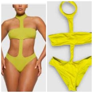 Skims Bold Tennis Yellow Chartreuse Cut Out Halter Swimsuit s